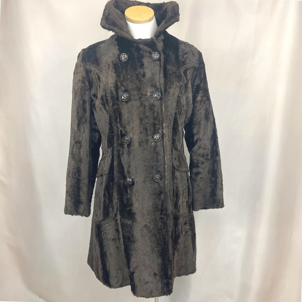 Vintage 60s Faux Fur Coat Womens (M) Brown Pockets Button Collar Indie‎ Thrashed